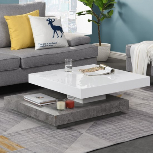 Hugo Rotating Gloss Coffee Table In White Concrete Effect