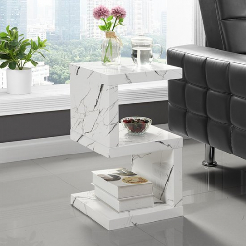 Miami S Shape Side Table In Gloss White Vida Marble Effect