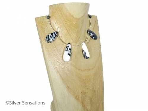 Black White Zebra Jasper Necklace With Sterling Silver Curved Tubes