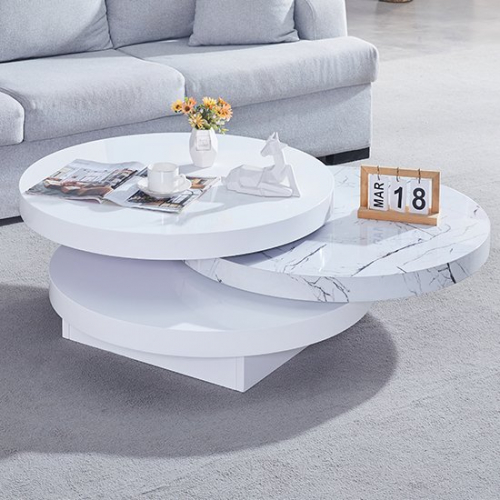 Triplo Gloss Round Rotating Coffee Table In Vida Marble Effect