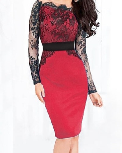 Red Off Shoulder Sheer Lace Long Sleeve Midi Dress
