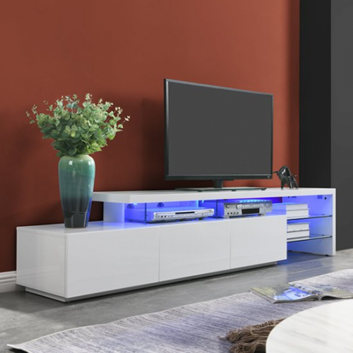 Alanis Modern TV Stand In White High Gloss With LED Lights