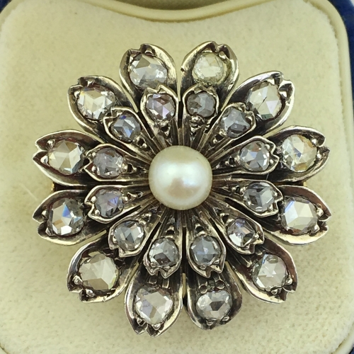 Antique 18ct solid gold ring pearl & Rose cut diamonds cluster with certificate