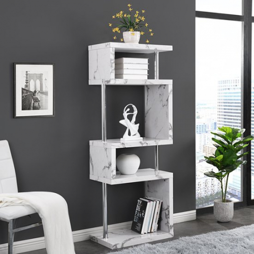 Miami High Gloss White Shelving Unit In Diva Marble Effect