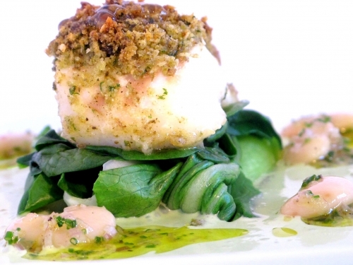 Parmesan and Za'atar Cod with Butterbean Gremolata and Spinach Sauce
