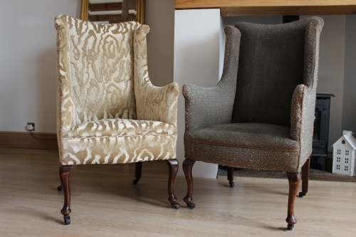 Winged Antique chairs before and after reupholstery.